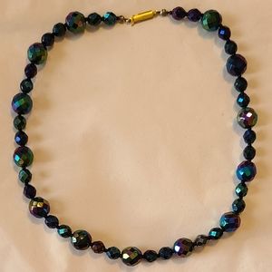 VINTAGE 1960'S Bohemian Black Peacock Carnival Glass Choker Bead Necklace